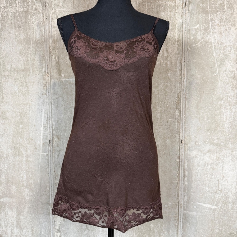 2000s cottagecore Maurices Brown Lace Trim Cami Tank Top Small Adjustable Strap